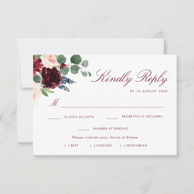 burgundy blush floral meal choice RSVP card (Front)