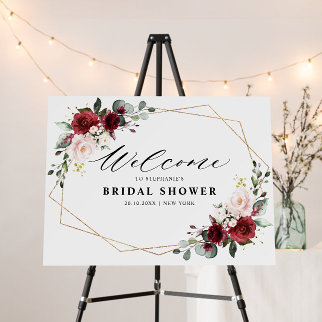 Burgundy Blush Floral Modern Bridal Shower Welcome Foam Board (In Situ (Stand))