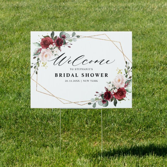 Burgundy Blush Floral Modern Bridal Shower Welcome Sign (Insitu)