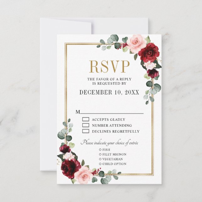 Burgundy Blush Floral Modern Geometric RSVP  (Front)