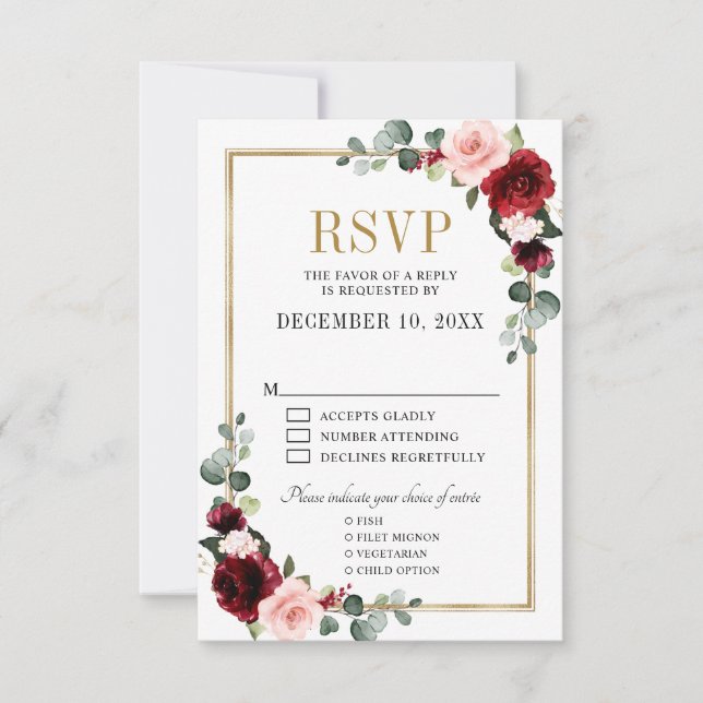 Burgundy Blush Floral Modern Geometric RSVP  Card (Front)