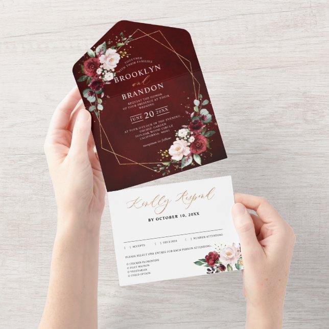 Burgundy Blush Floral Modern Geometric Wedding All All In One Invitation (Tearaway)