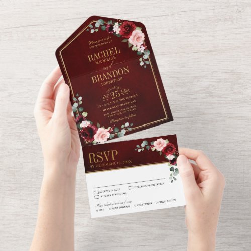 Burgundy Blush Floral Modern Geometric Wedding All In One Invitation