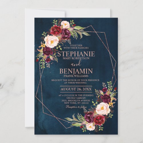 Burgundy Blush Floral Modern Geometric Wedding Inv Invitation