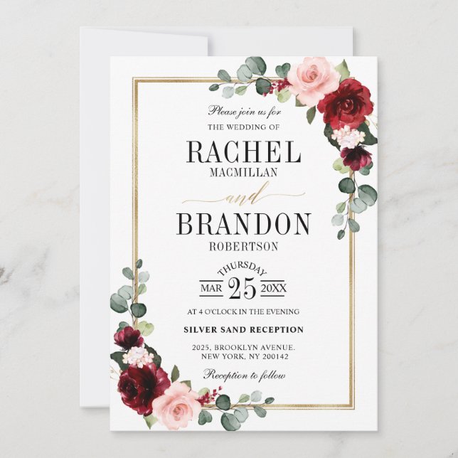 Burgundy Blush Floral Modern Geometric Wedding Invitation (Front)