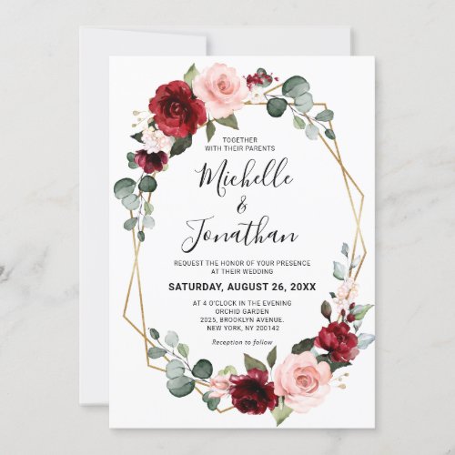 Burgundy Blush Floral Modern Geometric Wedding Invitation