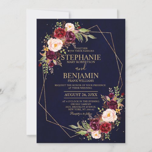 Burgundy Blush Floral Modern Geometric Wedding Invitation