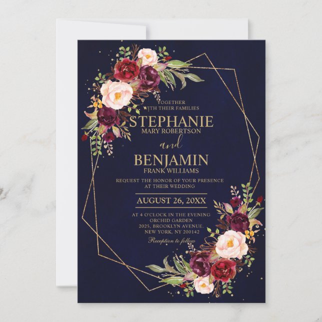 Burgundy Blush Floral Modern Geometric Wedding Invitation (Front)