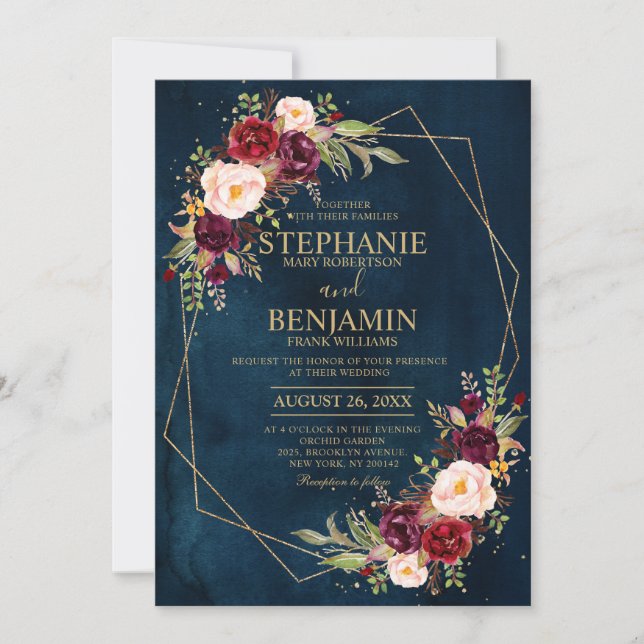 Burgundy Blush Floral Modern Geometric Wedding Invitation (Front)