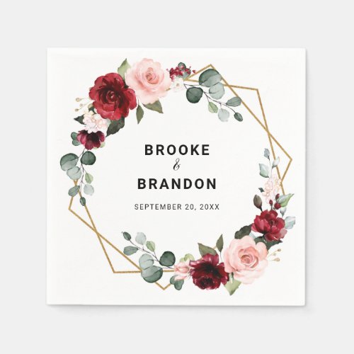 Burgundy Blush Floral Modern Geometric Wedding Napkins