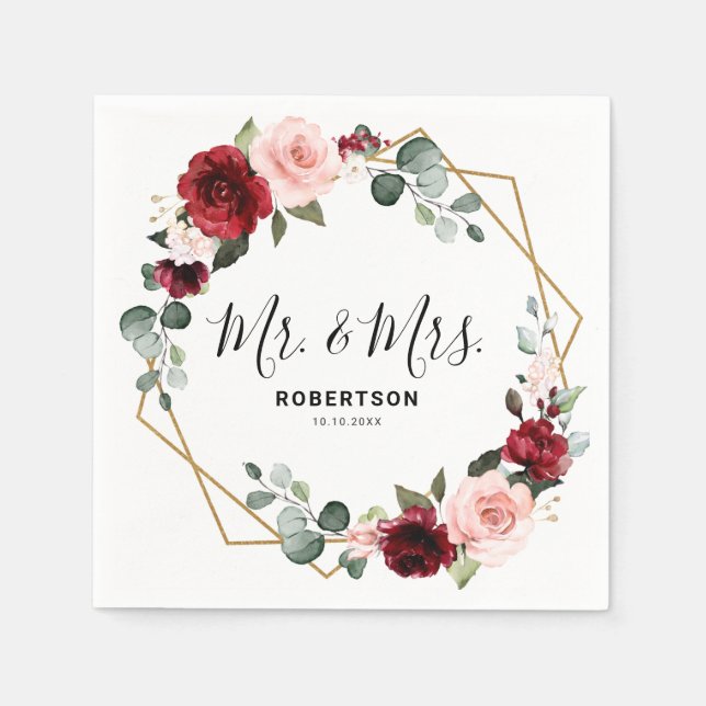 Burgundy Blush Floral Modern Geometric Wedding Napkins (Front)