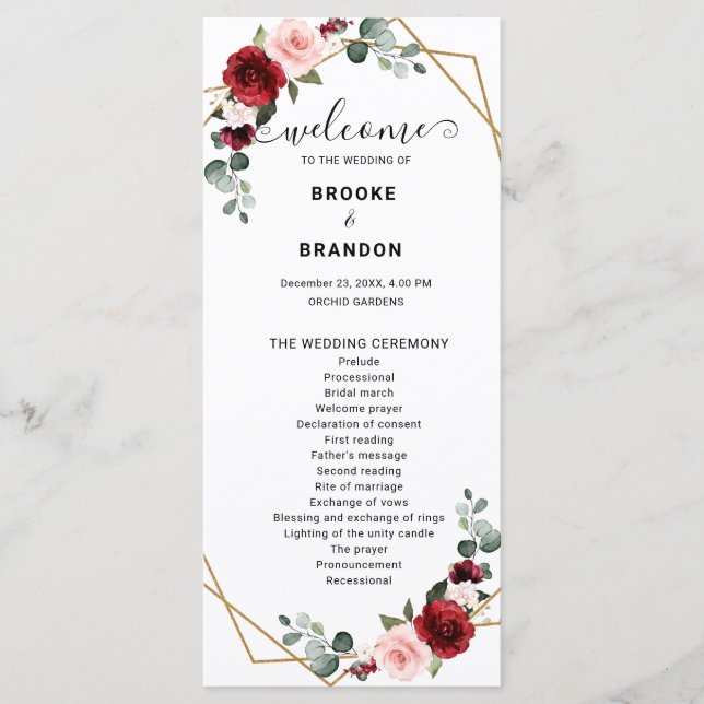 Burgundy Blush Floral Modern Geometric Wedding Program (Front)