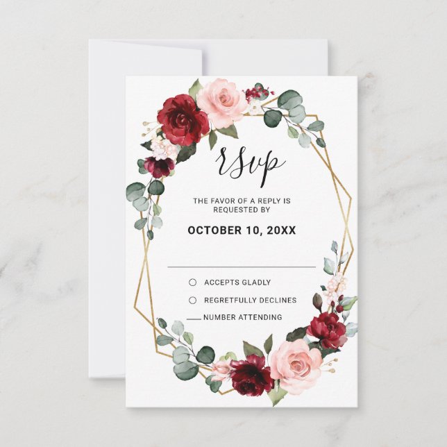 Burgundy Blush Floral Modern Geometric Wedding RSVP Card (Front)
