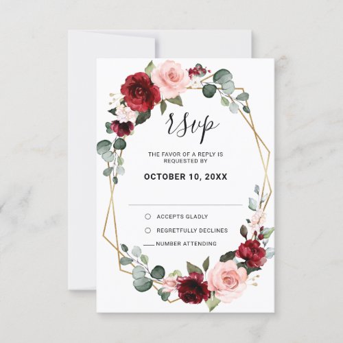 Burgundy Blush Floral Modern Geometric Wedding RSVP Card