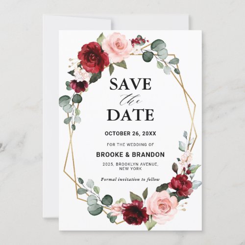Burgundy Blush Floral Modern Geometric Wedding Save The Date