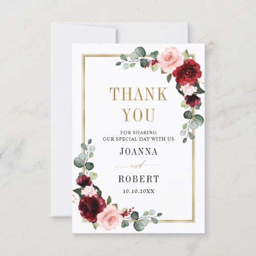Burgundy Blush Floral Modern Geometric Wedding Thank You Card