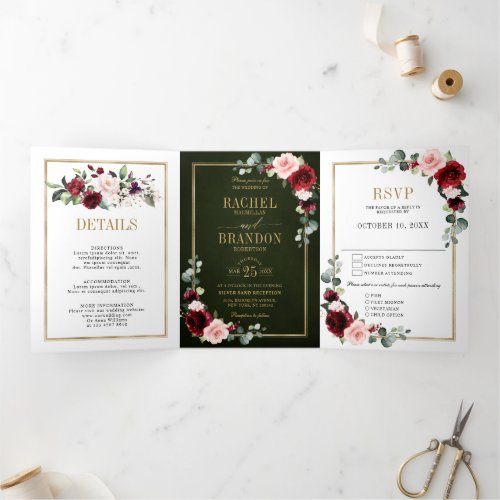 Burgundy Blush Floral Modern Geometric Wedding  Tri_Fold Announcement