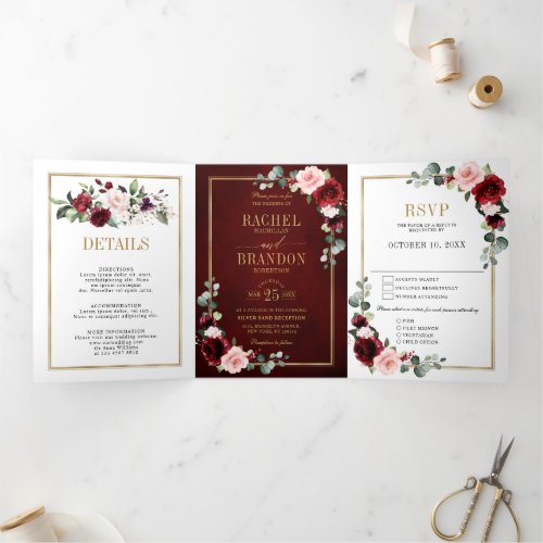 Burgundy Blush Floral Modern Geometric Wedding Tri Tri_Fold Announcement