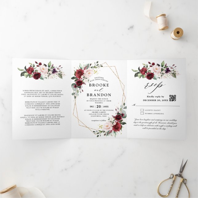 Burgundy Blush Floral Modern Geometric Wedding Tri Tri-Fold Program (Inside)