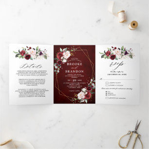 Burgundy Blush Floral Modern Geometric Wedding Tri Tri-Fold Program