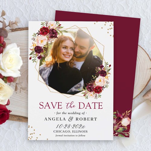 Burgundy Blush Floral Modern Gold Geometric Photo Save The Date