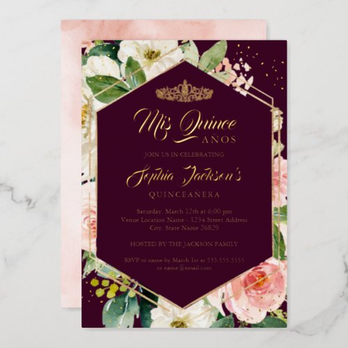 Burgundy Blush Floral Modern Quinceanera Foil Invitation