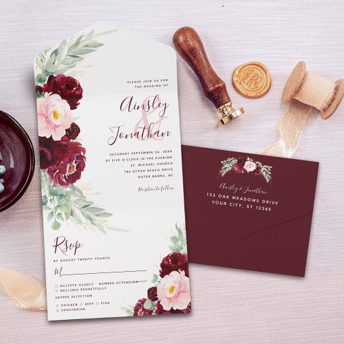 Burgundy Blush Floral Modern Wedding  All In One Invitation