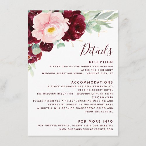Burgundy Blush Floral Modern Wedding Details Enclosure Card