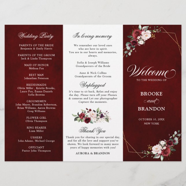 Burgundy Blush Floral Modern Wedding Program (Front)