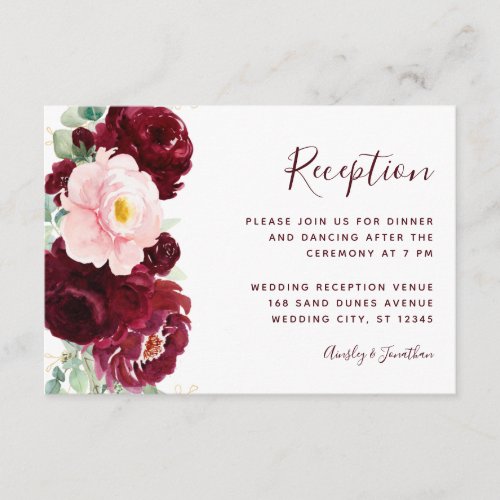 Burgundy Blush Floral Modern Wedding Reception Enclosure Card