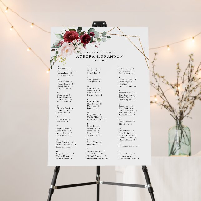 Burgundy Blush Floral Modern Wedding Seating Chart Foam Board (In Situ (Stand))