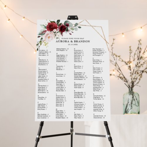 Burgundy Blush Floral Modern Wedding Seating Chart Foam Board