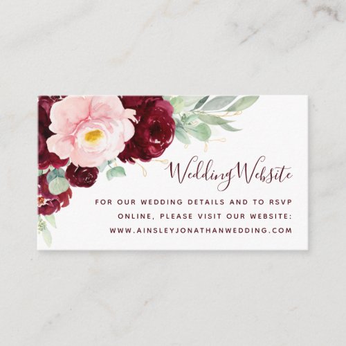 Burgundy Blush Floral Modern Wedding Website Enclosure Card