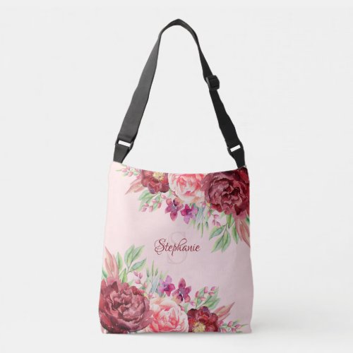 Burgundy Blush Floral Monogram Crossbody Bag