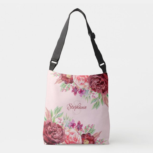 Burgundy Blush Floral Monogram Crossbody Bag (Front)