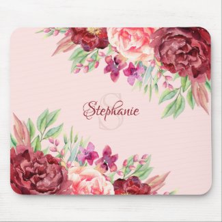 Burgundy Blush Floral Monogram Name Mouse Pad