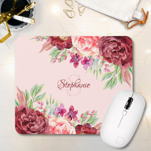 Burgundy Blush Floral Monogram Name Mouse Pad