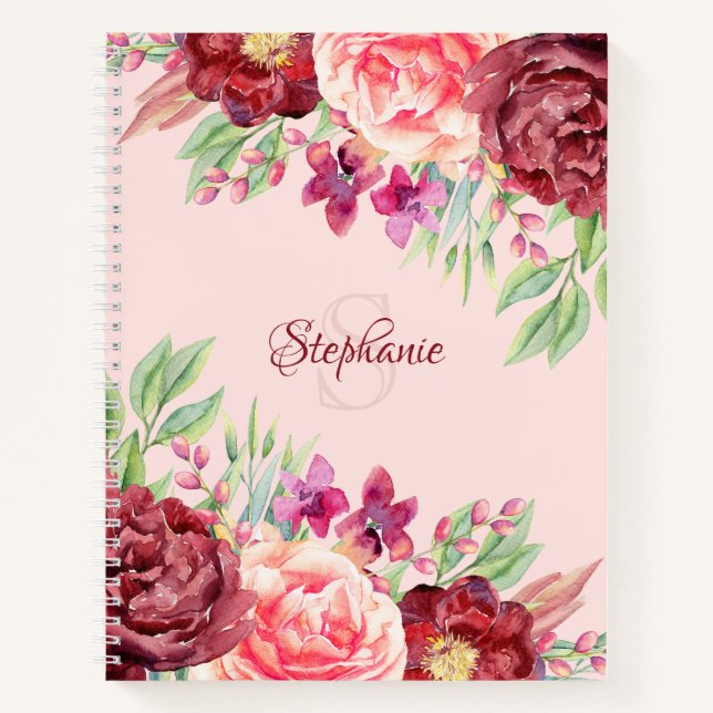 Burgundy Blush Floral Monogram Personalized Name Notebook (Front)