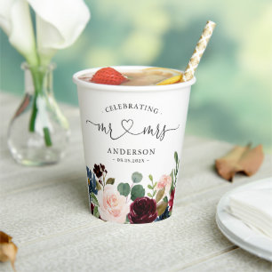 Burgundy Blush Floral Mr and Mrs Script Wedding Paper Cups