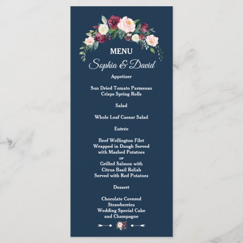 Burgundy Blush Floral Navy Blue Floral Wedding Menu