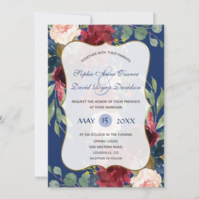 Burgundy Blush Floral Navy Blue Gold Wedding Invitation (Front)