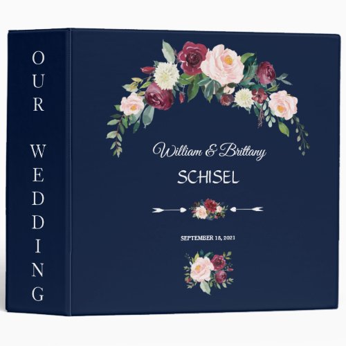 Burgundy Blush Floral Navy Blue Wedding Album 3 Ring Binder