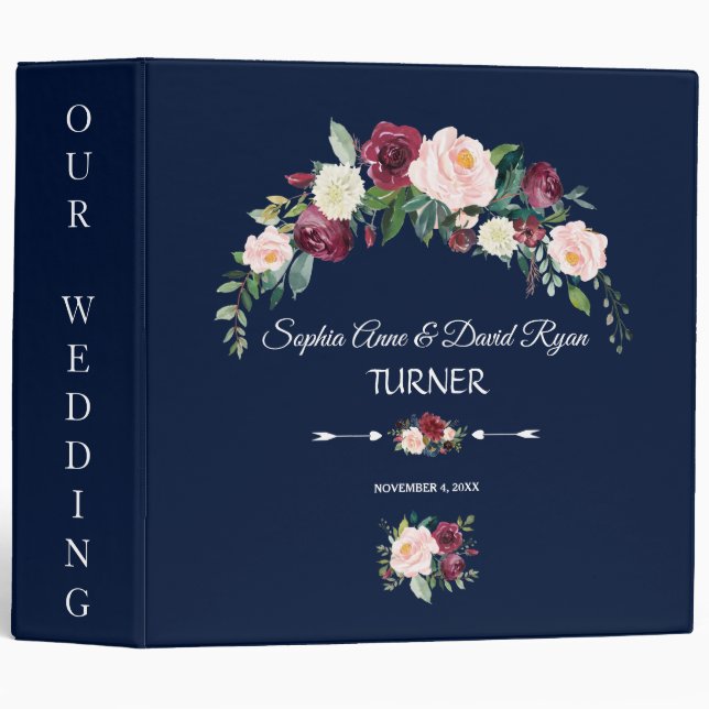 Burgundy Blush Floral Navy Blue Wedding Album 3 Ring Binder (Front/Spine)