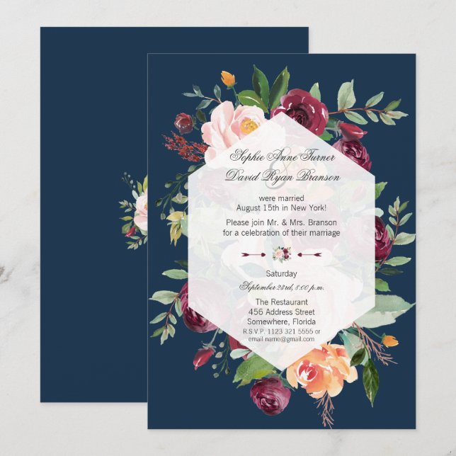 Burgundy Blush Floral Navy Blue Wedding Evening Invitation (Front/Back)