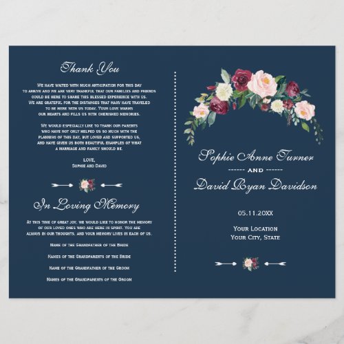 Burgundy Blush Floral Navy Blue Wedding Program Flyer