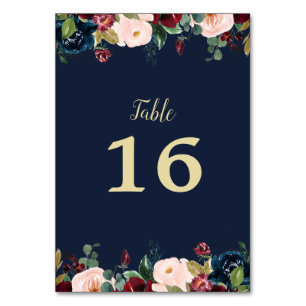 burgundy blush floral navy blue wedding table number