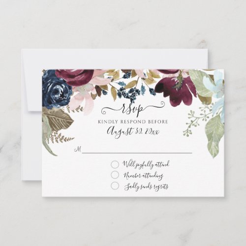 Burgundy Blush Floral Navy Elegant Wedding Foliage RSVP Card