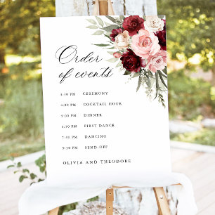Burgundy Blush Floral Order of Events Wedding Sign