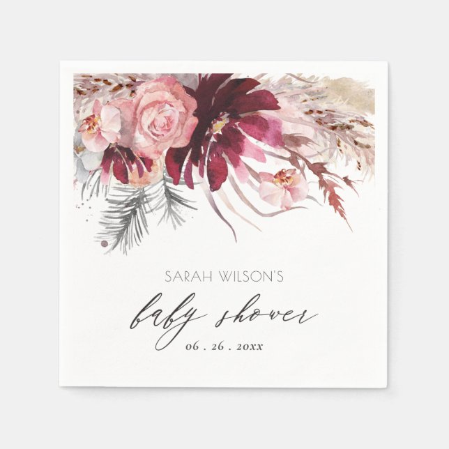 Burgundy Blush Floral Pampas Grass Baby Shower Napkins (Front)