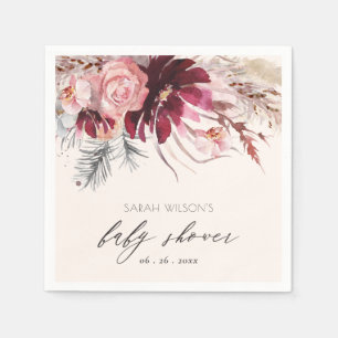 Burgundy Blush Floral Pampas Grass Baby Shower Napkins